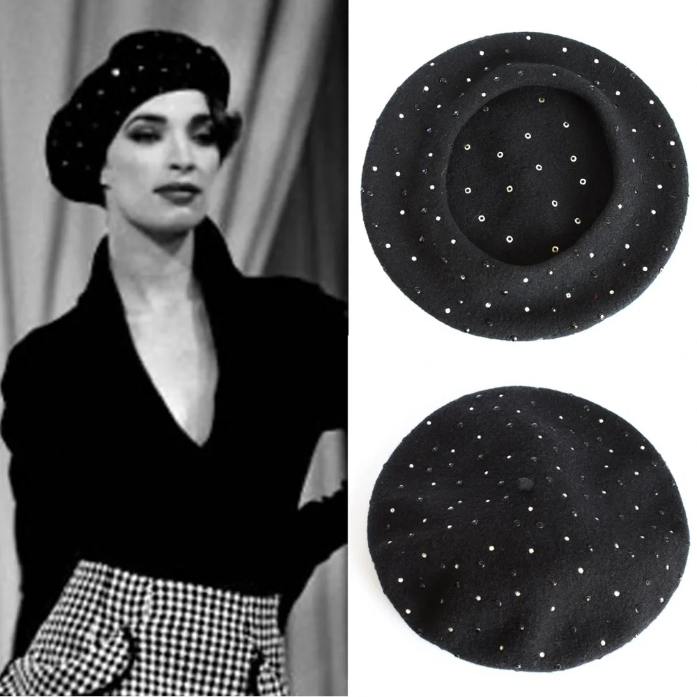Norma Kamali OMO Hat Beret Black Wool Embellished Rare Retro Vintage 80s Norma Kamali OMO Hat Beret Black Wool Embellished  main image 2